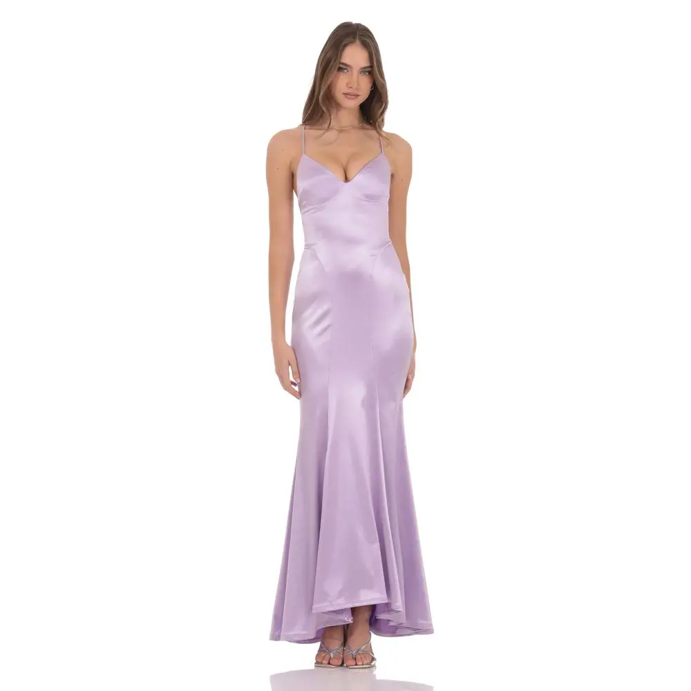 Satin Open Back Mermaid Maxi Dress in Lavender