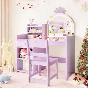 Vanity with Lights, 2 in 1 Princess Makeup Vanity Desk Vanity Table & Chair Set with Open Bookshelf, Storage Cabinet & Shelves for Little Girls, Purple