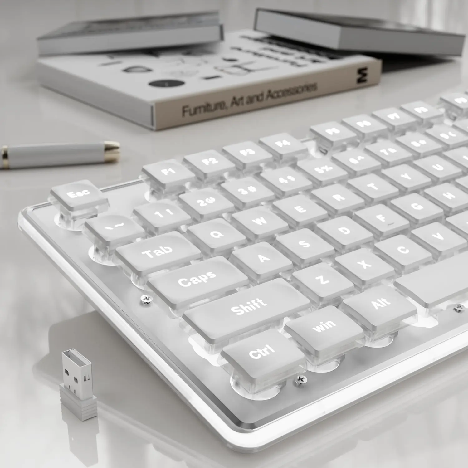 SEUNKWANG EWEADN X7S Wireless Keyboard with White Backlit, Metal Panel, 2.4G Rechargeable Computer Keyboard Silent Light up Full Size Cute Keyboards for Win & MAC - White