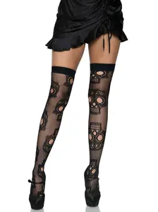 Lady's Lingerie Sugar Skull Net Thigh High Socks, Halloween Costume Accessory, Soft Fabric Underwear