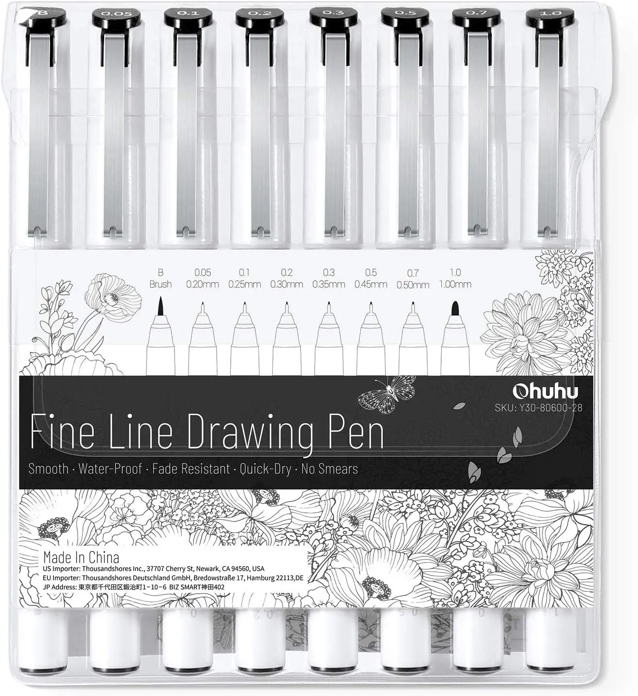 Ohuhu Colored Fineliner Drawing Pens: 8-size Tips (Ultra-fine, Fine & Brush) / 18 Packs Fineliners / 12 Colors Brush & Fineliner, Waterproof Micro Pens for Adults Artists & Beginners Drawing Sketching Bullet Journal Outlining Office Class
