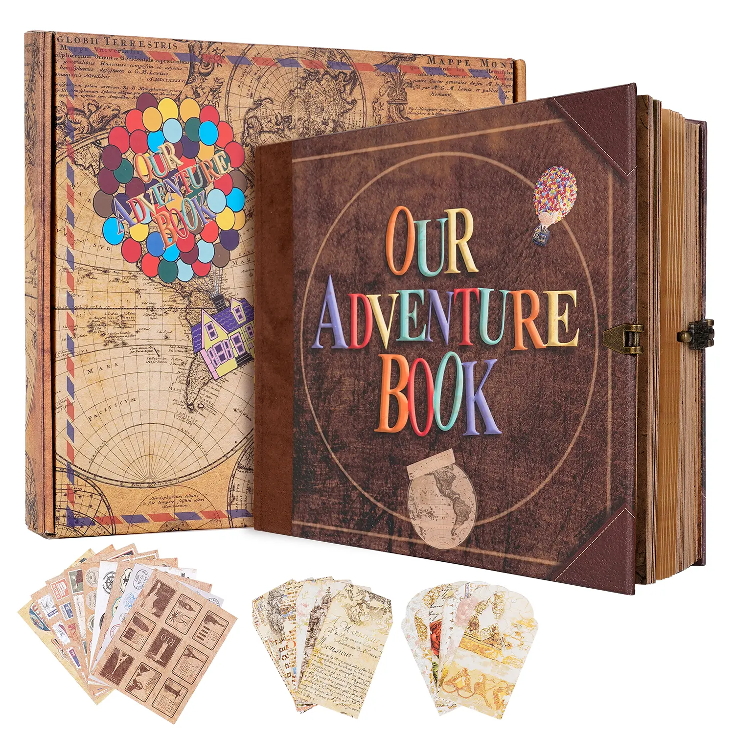 Our Adventure Book Scrapbook Photo Album 8.9x7.7inch Retro Style 146 pages Embossed Letter Cover Travel Diary Journal Scrap Book Kit Decor Gifts for Christmas/ New Year/ Mother's Day/ Valentine's Day/ Women's Day/ Friend Birthday Gift