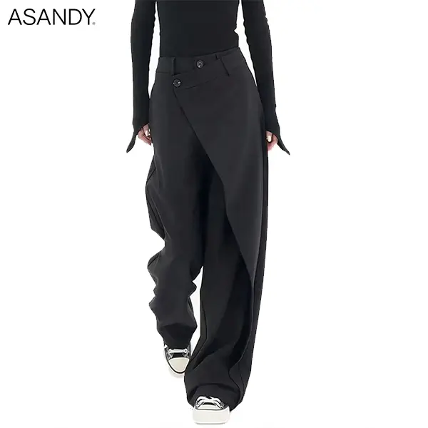 ASANDY Women's Solid High-Waist Wide-Leg Trousers with Asymmetrical Wrap Detail for Corporate Office and Everyday Wear, Corporate Office Wear, Solid Plain, Fashion, Casual Chic Trousers, Fit, Office Work Clothes
