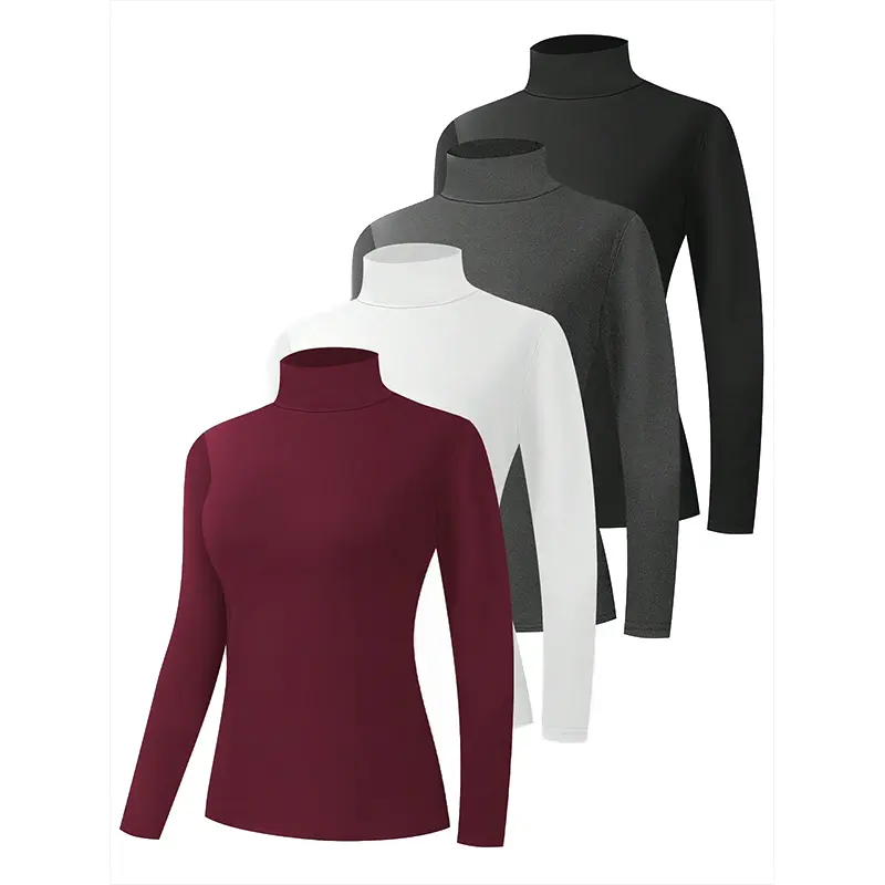 Women's 4 Pack Basic Turtleneck Shirts - Solid Long Sleeve Pullovers for Casual Everyday Layering, Simple, Style, Minimalist, Longsleeves, Tops, Athletic