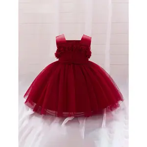 Toddler's Elegant Flower Applique Mesh Princess Dress, Solid Color Sleeveless Gowns, Baby Girl's Clothing Formal Occasion/Birthday Party/Photography/Banquet