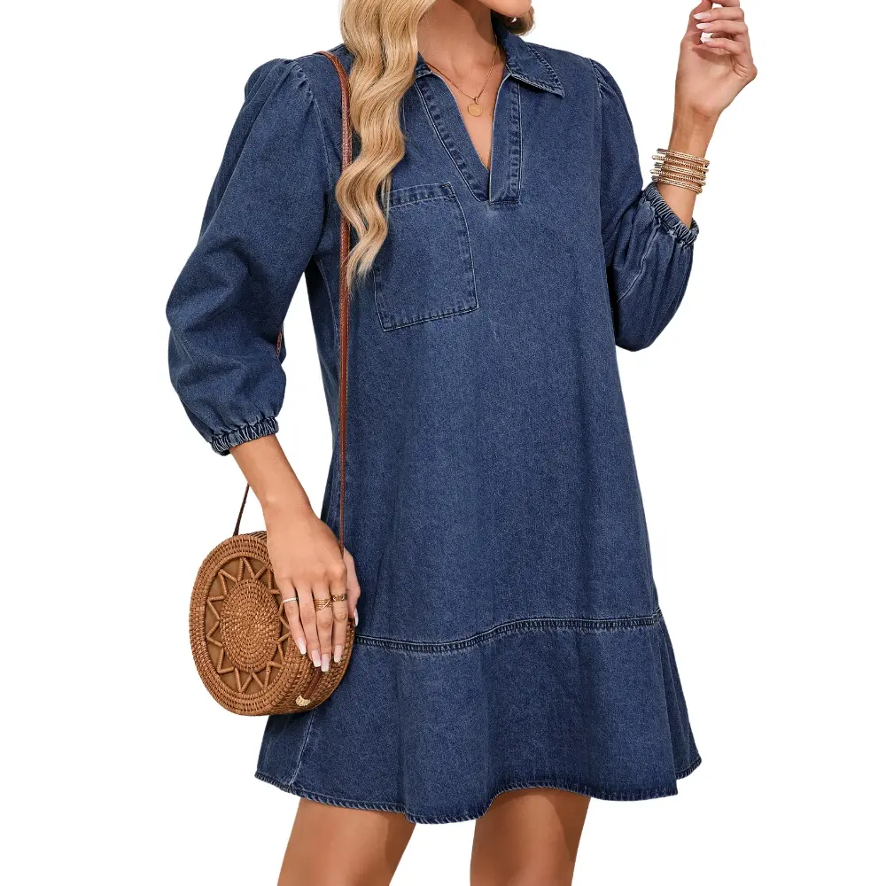 Dokotoo Denim Dress for Women Fashion Fall Casual Babydoll 2026 V Neck 3/4 Puff Sleeve Jean Dresses