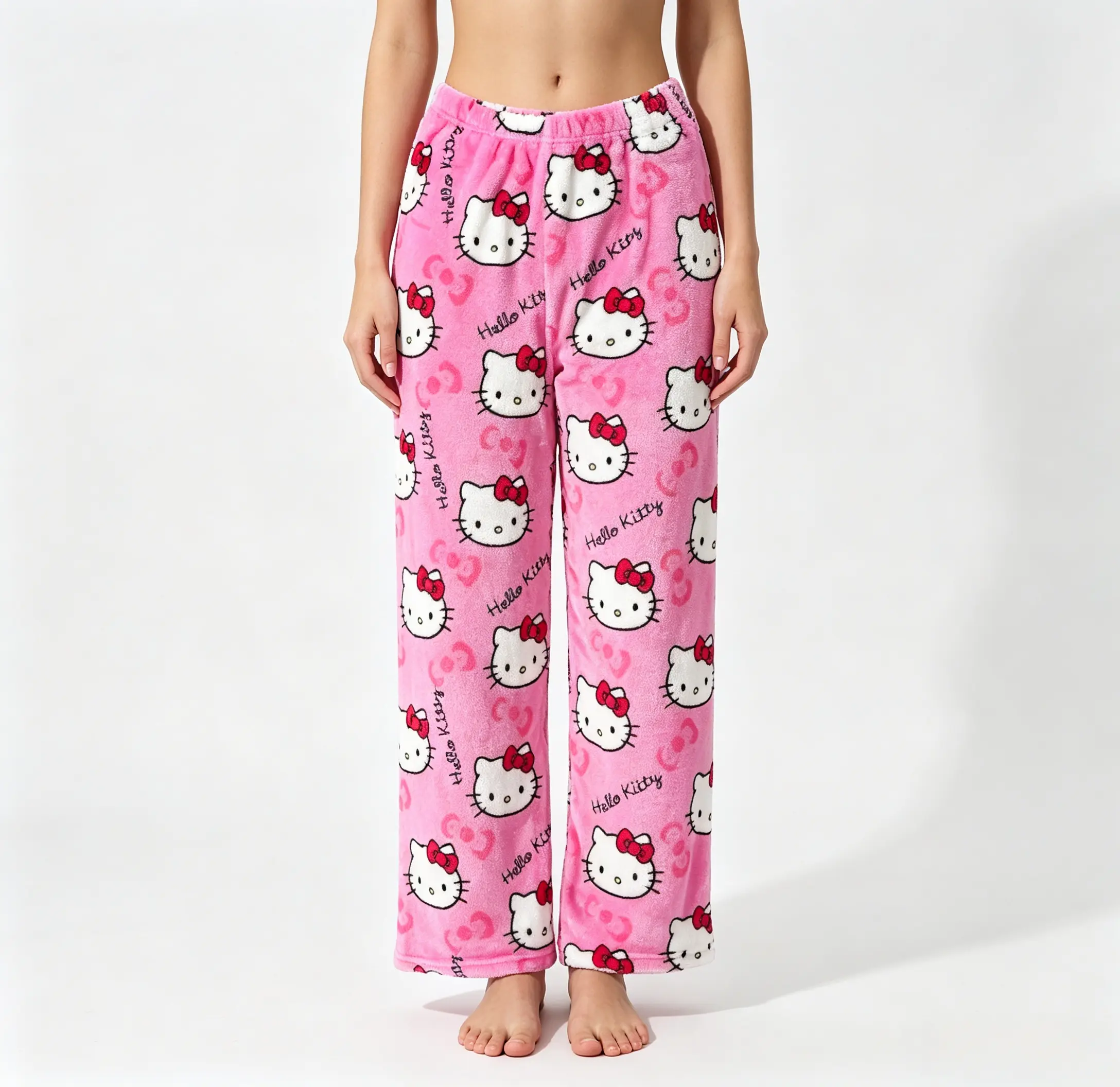 Sanrio Hello Kitty Flannel Sleep Pajama Pants Soft Kawaii Casual Loungewear Bottoms for Girls & Women, Kitty Print, Chilly Nights