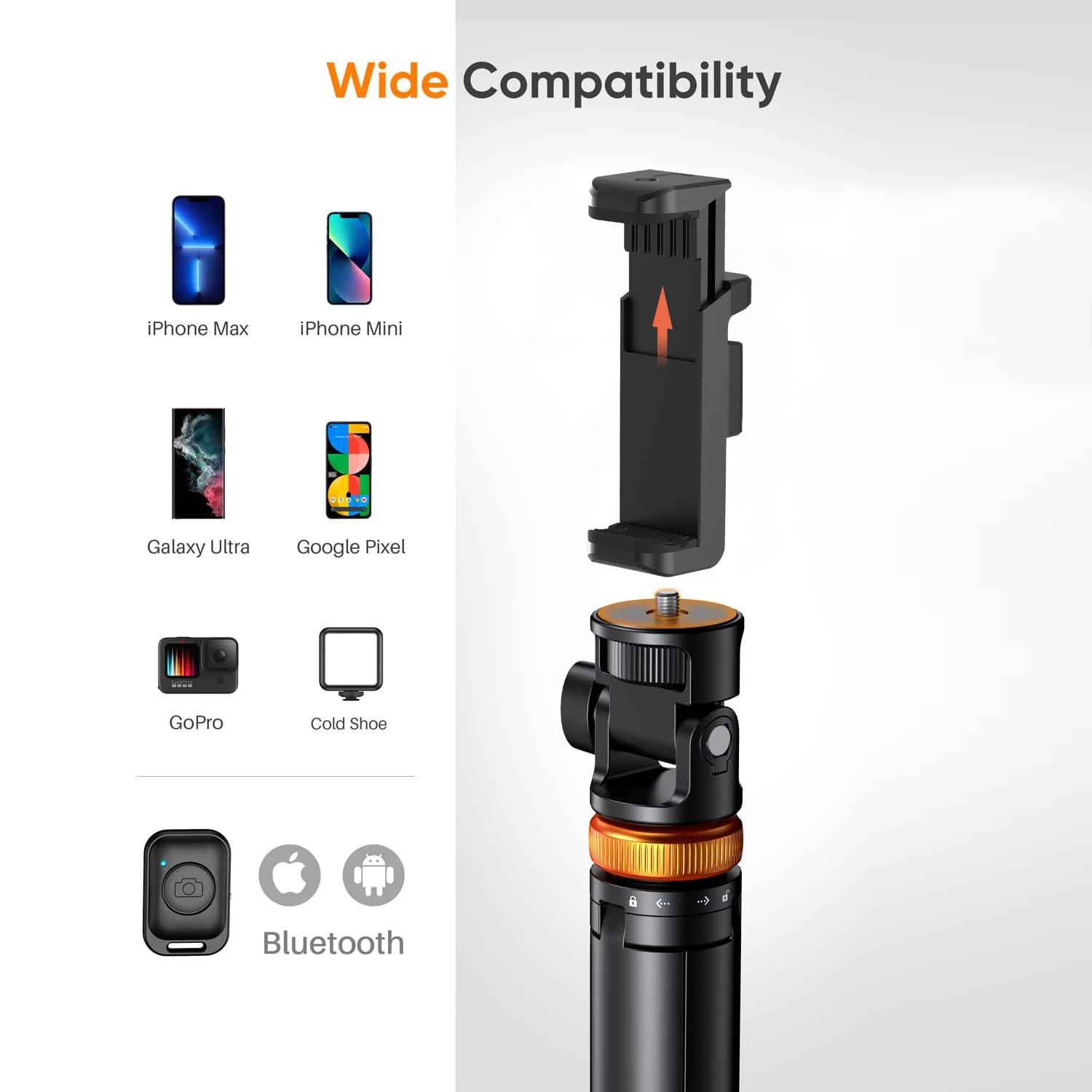 61" Phone Tripod for iPhone/Android & Selfie Stick with Remote, Upgraded Stand, Compatible with iPhone 16/15/14/13, Travel-Friendly & Stable