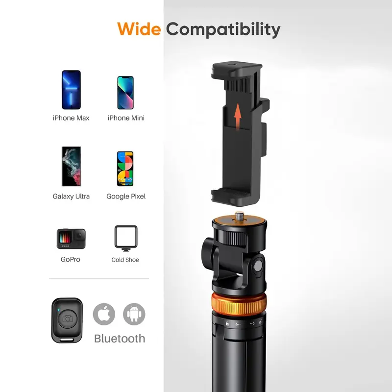 Product Introduction of 61" Phone Tripod for iPhone/Android & Selfie Stick with Remote, Upgraded Stand, Compatible with iPhone 16/15/14/13, Travel-Friendly & Stable 11