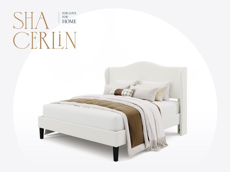 SHA CERLIN Modern Minimalist Bed Frame with Curved Wingback Headboard Heavy Duty Upholstered Platform Bed with Wood Slats Elegant Style No Box Spring Needed