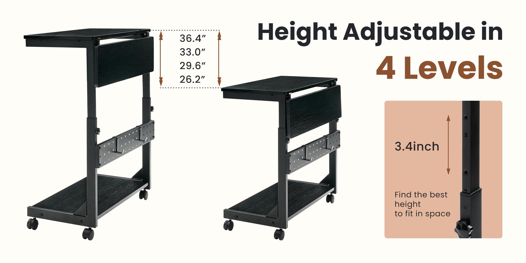 2-Tier Tower Stand, Height Adjustable PC Stand, Computer Cart with Folding Panel, Side Table with Wheels, Pegboard, Hooks and Mouse Pad