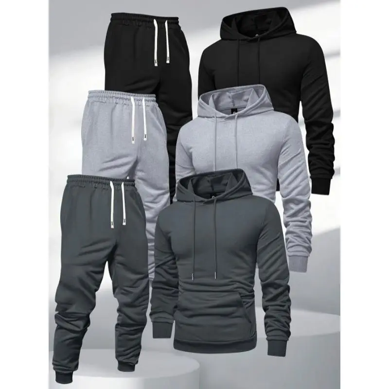 3pcs Men'S Hooded Sweat shirt and Joggers Set, Polyester Sports Tracksuit, Solid Color, Long Sleeve, Slight Stretch Knit Fabric,(Raincoats)GiftGift