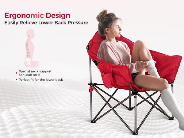 PHI VILLA Heavy-Duty Oversize Camping Chair Round Moon Saucer Chair Padded Folding Chair with Cup Holder and Carry Bag, Red
