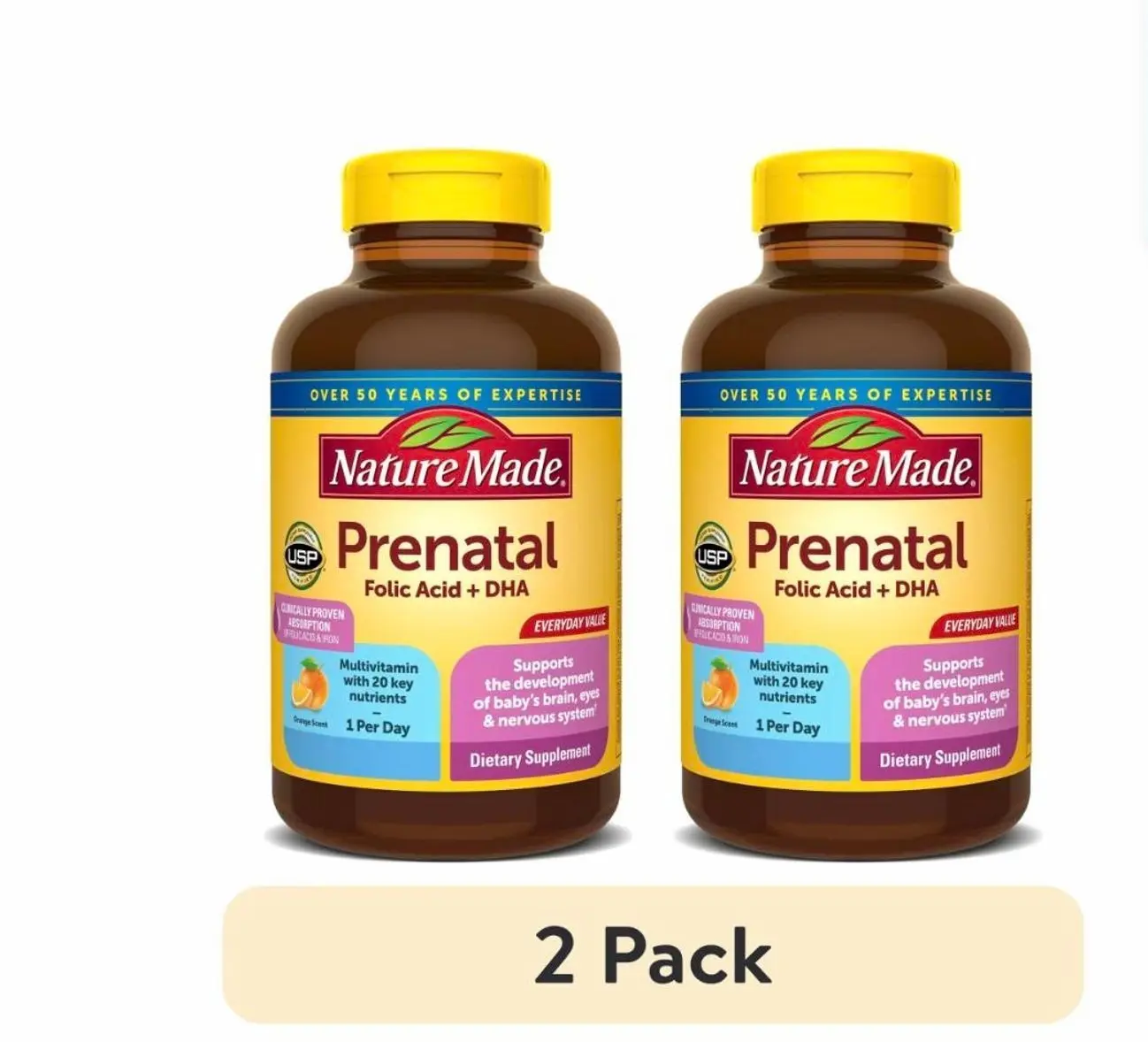 (2 pack) Nature Made Prenatal with Folic Acid + DHA Softgels, Prenatal Vitamin and Mineral Supplement, 100 Count