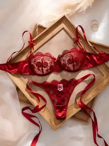 2 Piece Red Embroidery Lace Up Lingerie Set | Perfect Valentine’s Gift