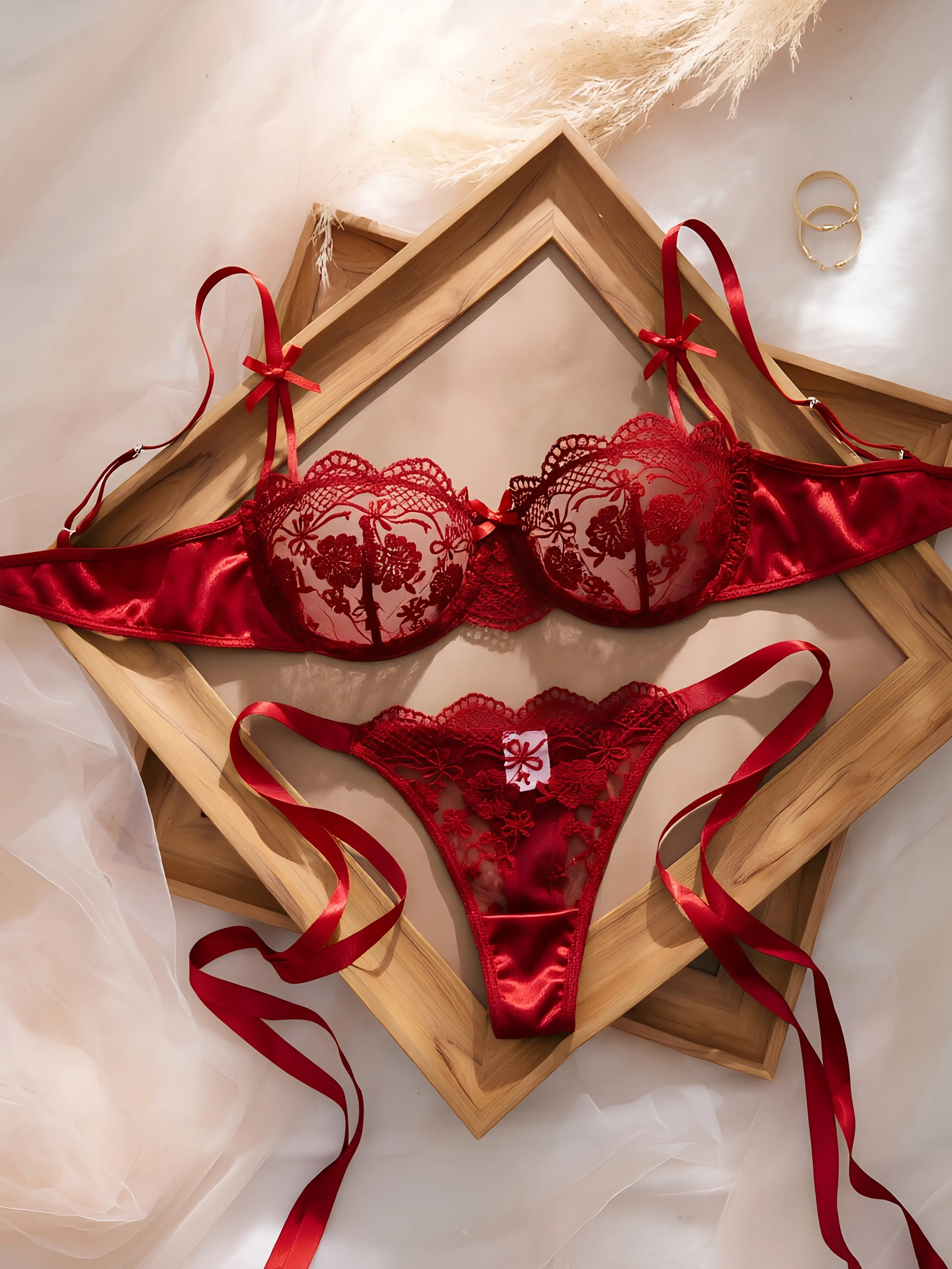 Women's 2-Piece Comfortable Red Embroidery Lace-Up Lingerie Set, Elegant Valentine’s Gift, Elegance Women's 2-Piece Comfortable Red Embroidery Lace-Up Lingerie Set, Elegant Valentine’s Gift, Elegance