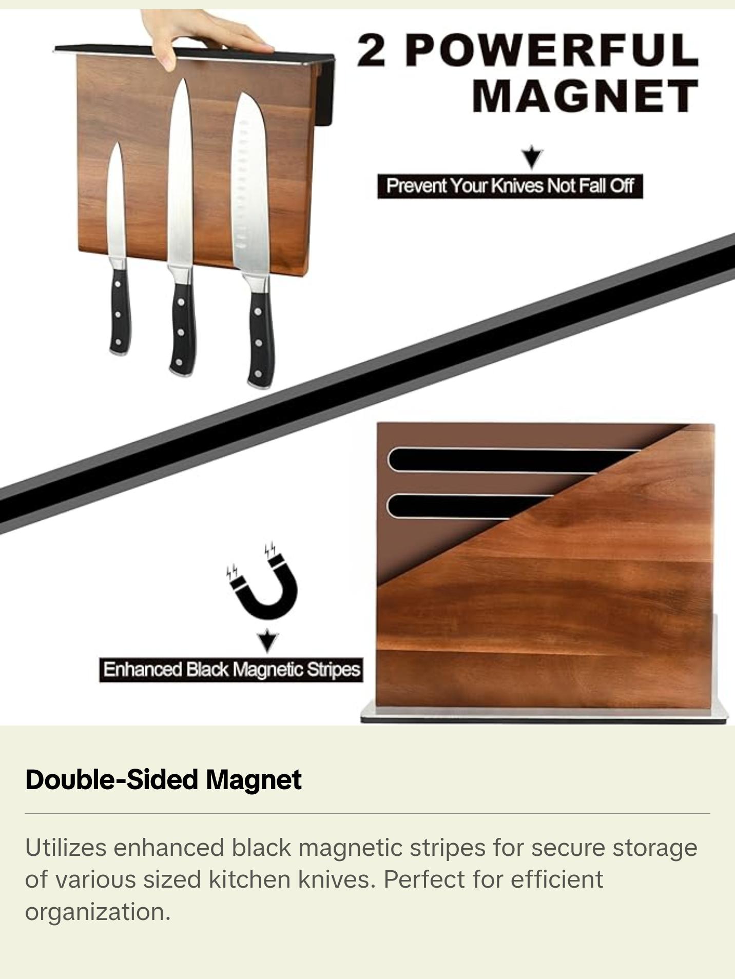 HOMIQUEEN Double Sided Magnetic Knife Stand with Stainless Steel Base, Strong Magnet Knife Block without Knives, Acacia Wood Kitchen Knife Block with Cutting Board Holder for Kitchen Counter