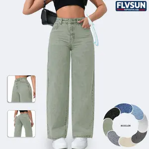 Flvsun Women's High-Waist Wide-Leg Denim Jeans - Casual Preppy Trouser, Comfortable Minimalist Streetwear Bottoms