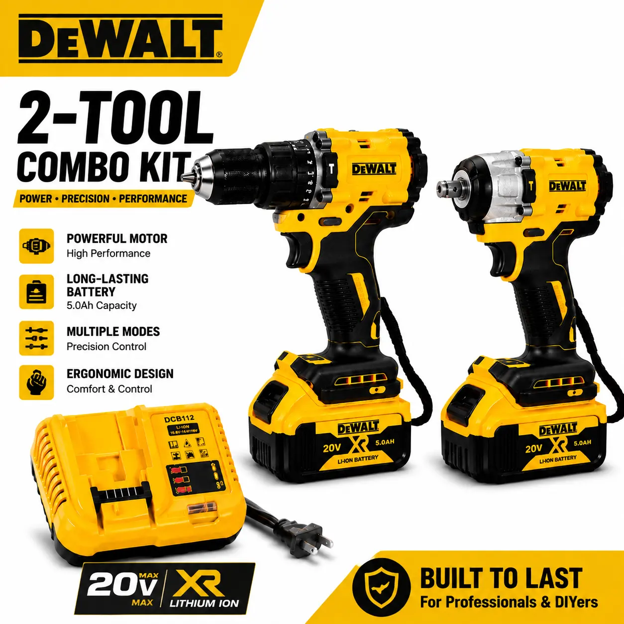 ()DEWALT Cordless Drill & Impact Wrench Combo Kit, Drilling Fastening & Bolt Removal, Durable Metal Gears & Reinforced Housing, Powerful Rechargeable Power Tool Set for Auto Repair, Garage, DIY & Home Projects