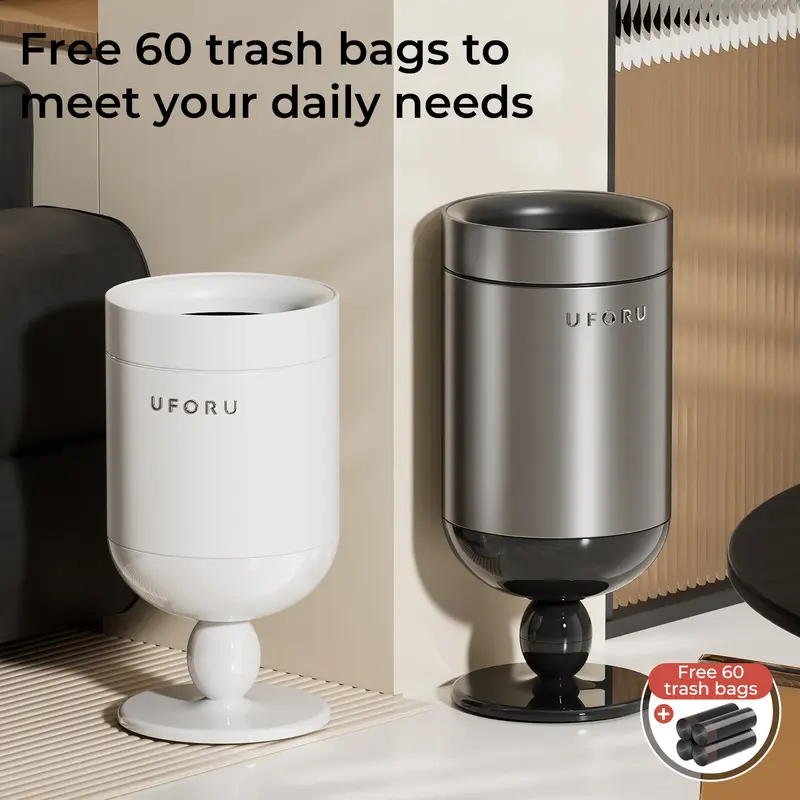Chumx Retro 3D Wine Glass Design Dual-Bin Trash Can, Elegant White Stainless Steel+ABS/PP Bins, 15L/20L Open-Top Bucket, Hidden Wheels, 60 Trash Bags for Living Room Home Decor