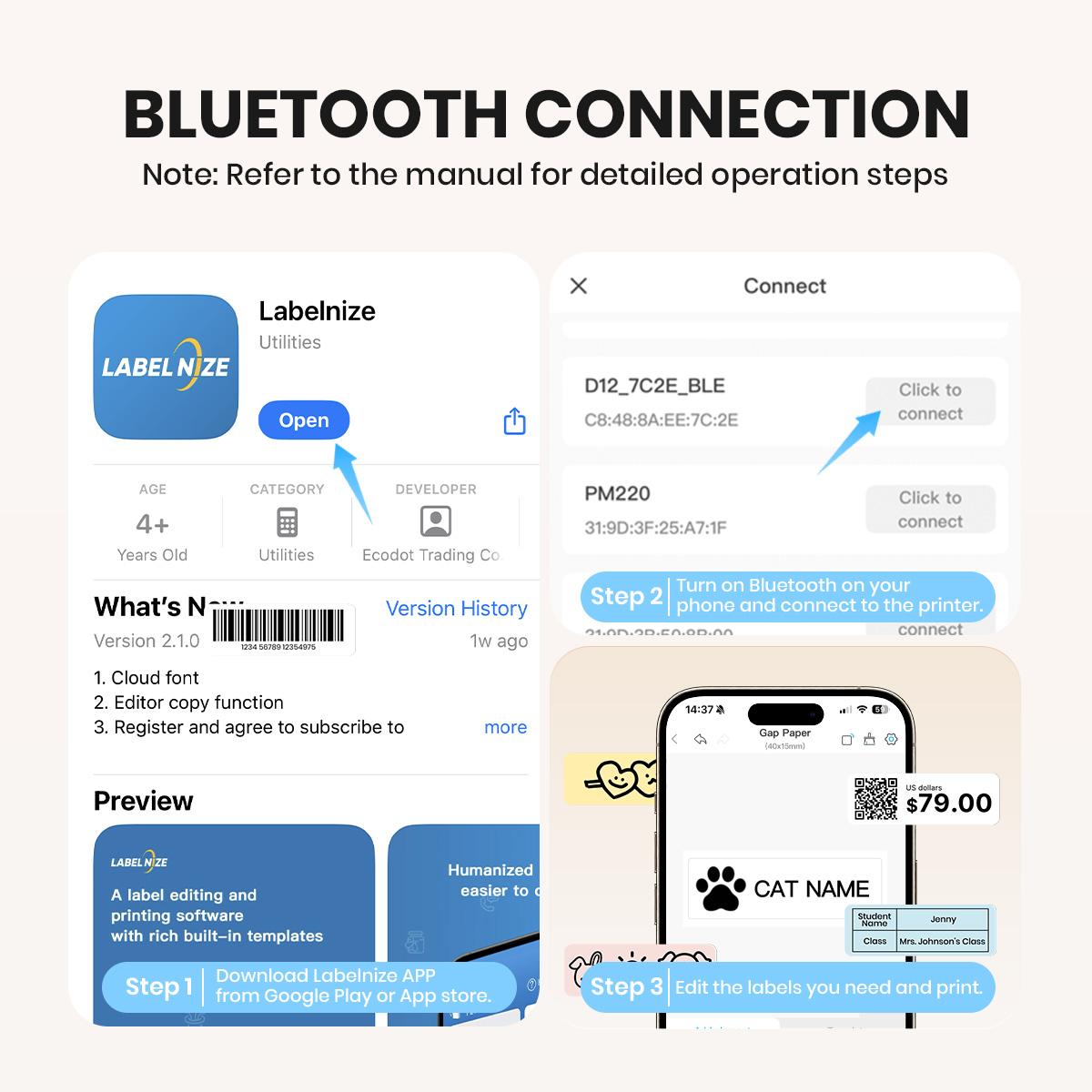 Portable Bluetooth Label Printer D12 Wireless Handheld Thermal Printer with Tape Mini Sticker Maker for Barcodes Storage Office Home Organization