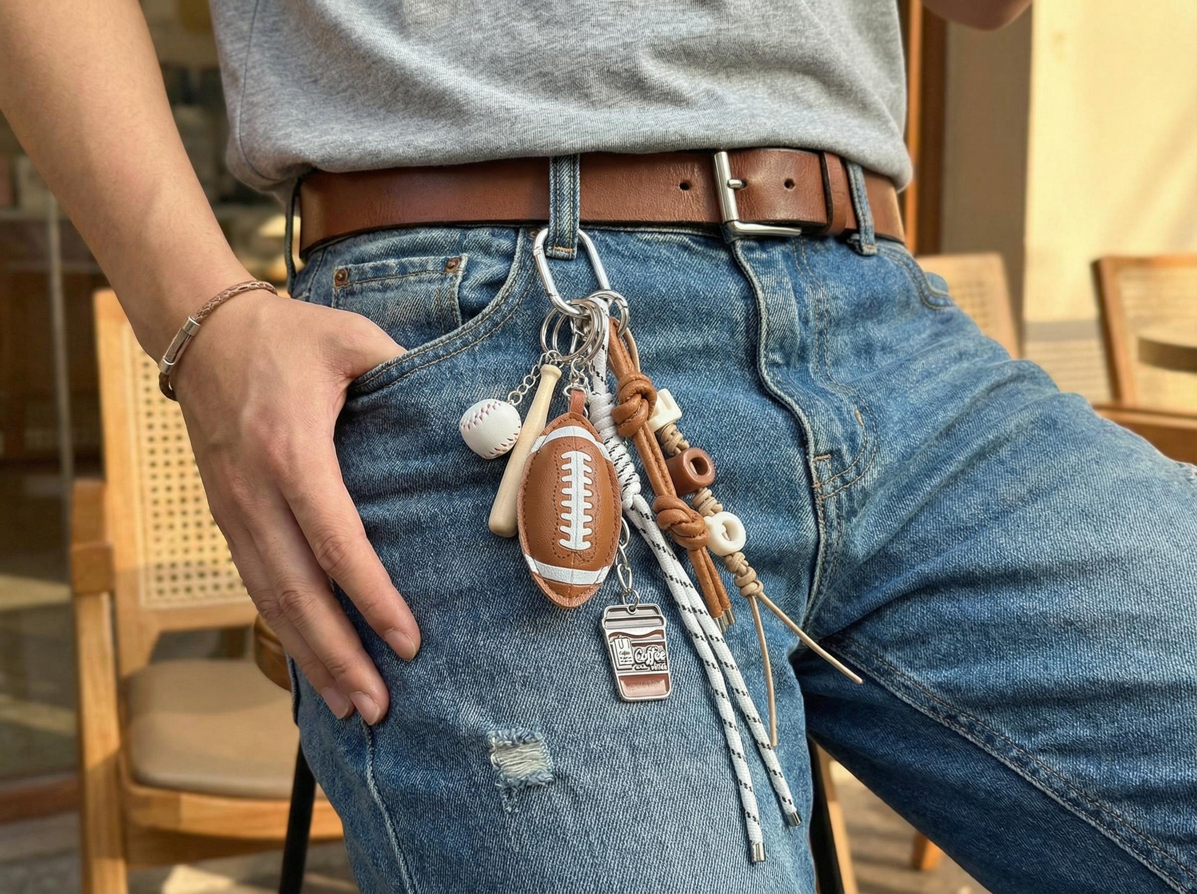 Sports Fanatic's Collection: Sports Themed Keychain Set of 5 - Baseball Football Coffee Cup Charms, Braided Leather Cord with Beaded Letters, Bag Accessories for Sports Fans