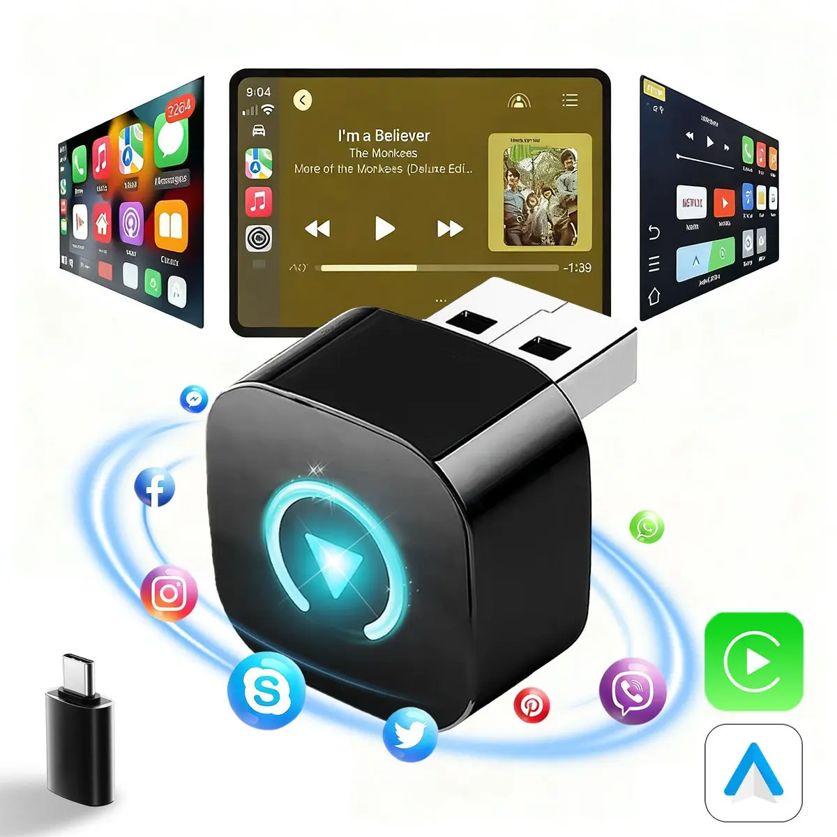 2026 Portable Car Play Adapter,Apple CarPlay & Android Auto Compatible, Upgraded Wireless Car Play Adapter,USB-A & USB-C Compatible,Fast Connection,No Latency,Hands-Free Call wireless adapter, Universal Car Adapter, Carplay Converter