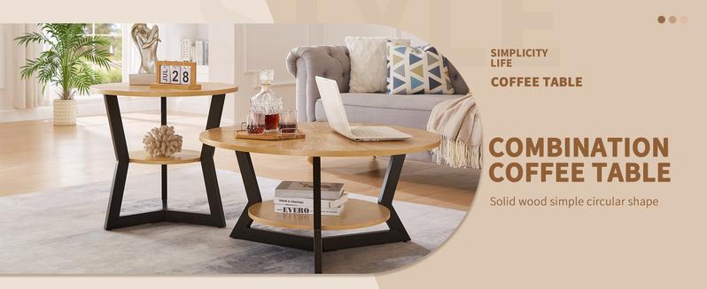 Niccae Modern Coffee Table - Y-Shaped Metal Legs, Wave Texture Wood Top, Organizing Round Table for Small Spaces, Entryway & Bedroom Decor