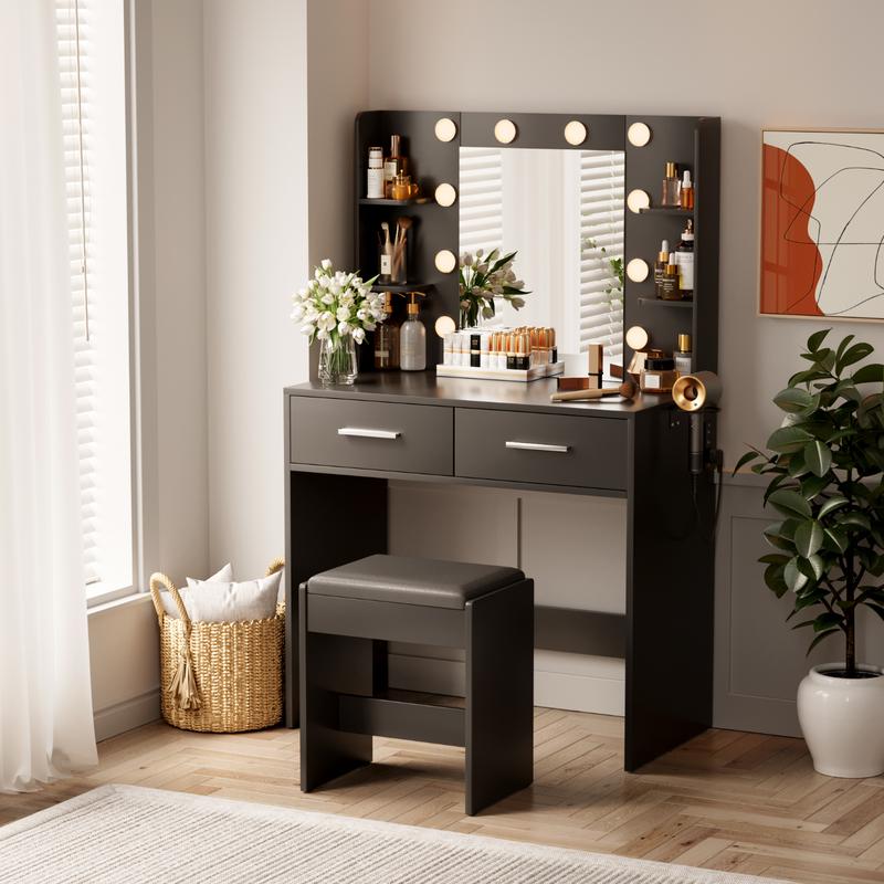 FURMAX Makeup Vanity Set with Lighted Mirror, Makeup Vanity with 2 Drawers, Vanity Desk with Chair for Bedroom & Dressing Room