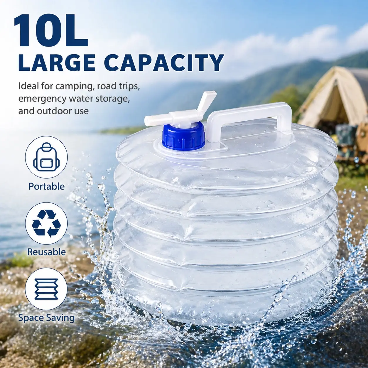 10L Collapsible Water Container with Spigot, Portable Folding Water Storage Jug, Leak-Resistant, Sports Water Jug for Camping, Picnic, Hiking, Travel, Road Trip Essentials, Emergency