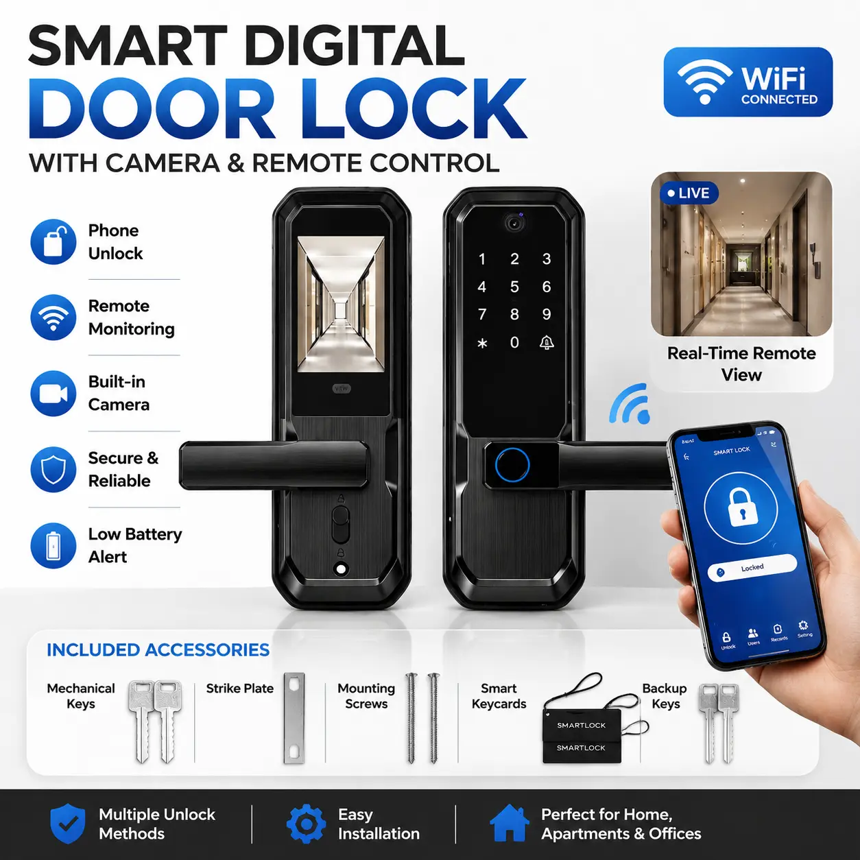 6-in-1 Aluminum Keyless Entry Smart Door Lock with HD Camera, Video Doorbell, Handle Deadbolt, Anti-Peek PIN, Tuya App Remote Access, Rechargeable Batteries, Wi-Fi Connect, Smart Home Gadgets, Knockers for US Standard Front Doors, Condos, Anti-Peaking Pin