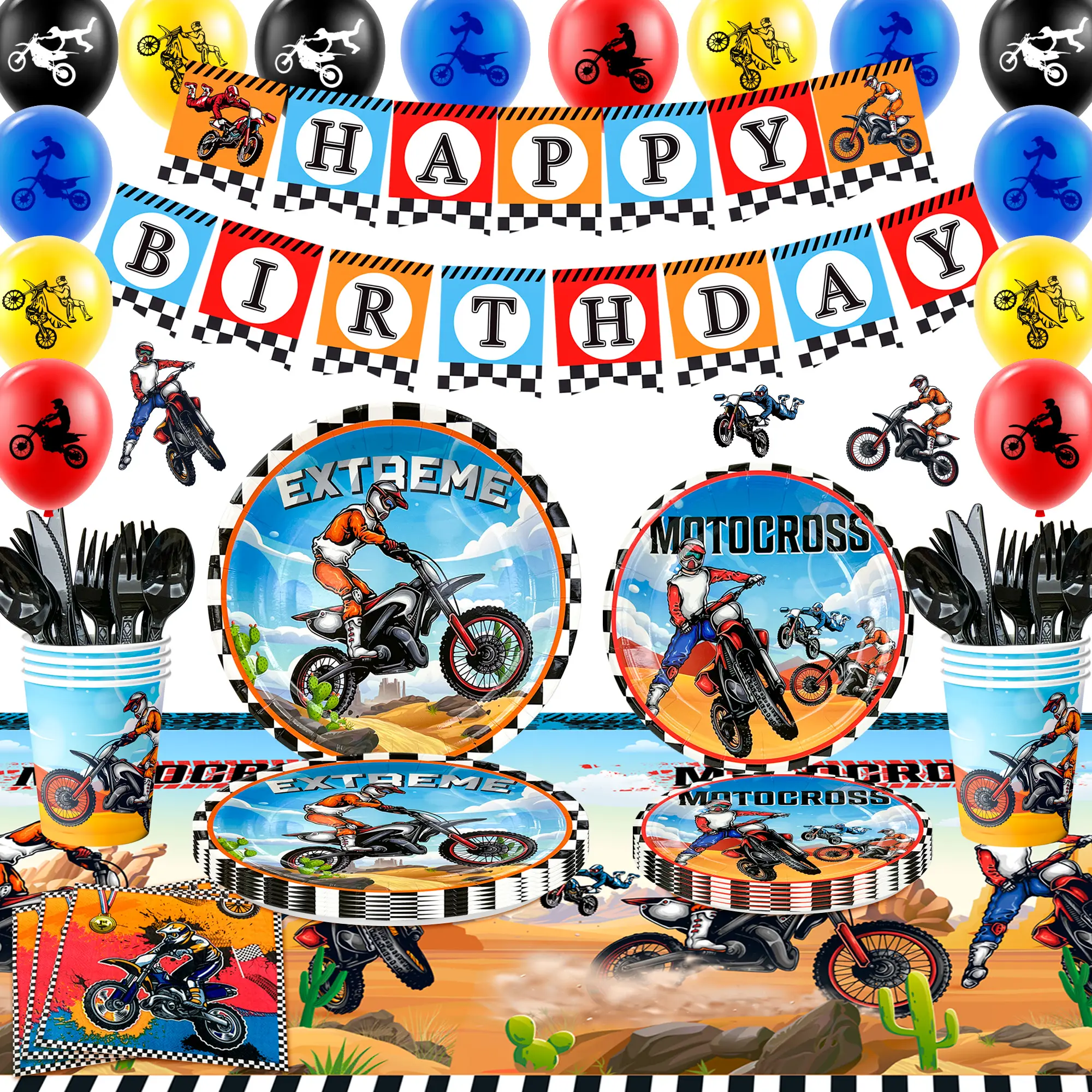 Motorcycle Birthday Supplies, 98 pcs Motorcycle Birthday Decorations&Motorcycle Theme Party Tableware Set- Dirt Bike Party Plates and Napkins Cups & Banner Balloon etc Motocross Party Supplies for Boys