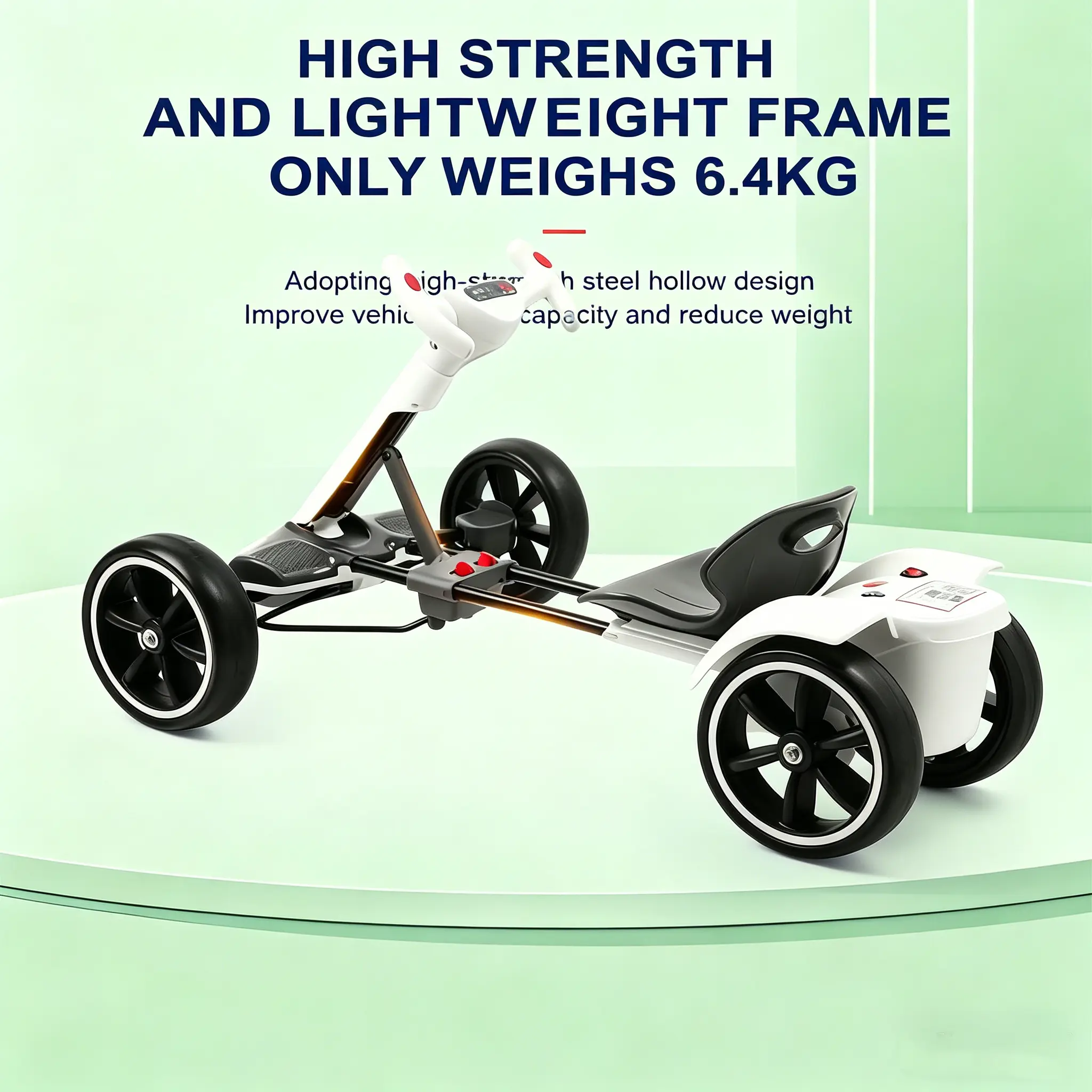 Adult folding electric scooter, equipped with a 390W motor, top speed of 3.7 mph, EVA tires, adjustable handlebars, dual braking system, folding frame, go-kart mode, music playback, portable outdoor commuting device