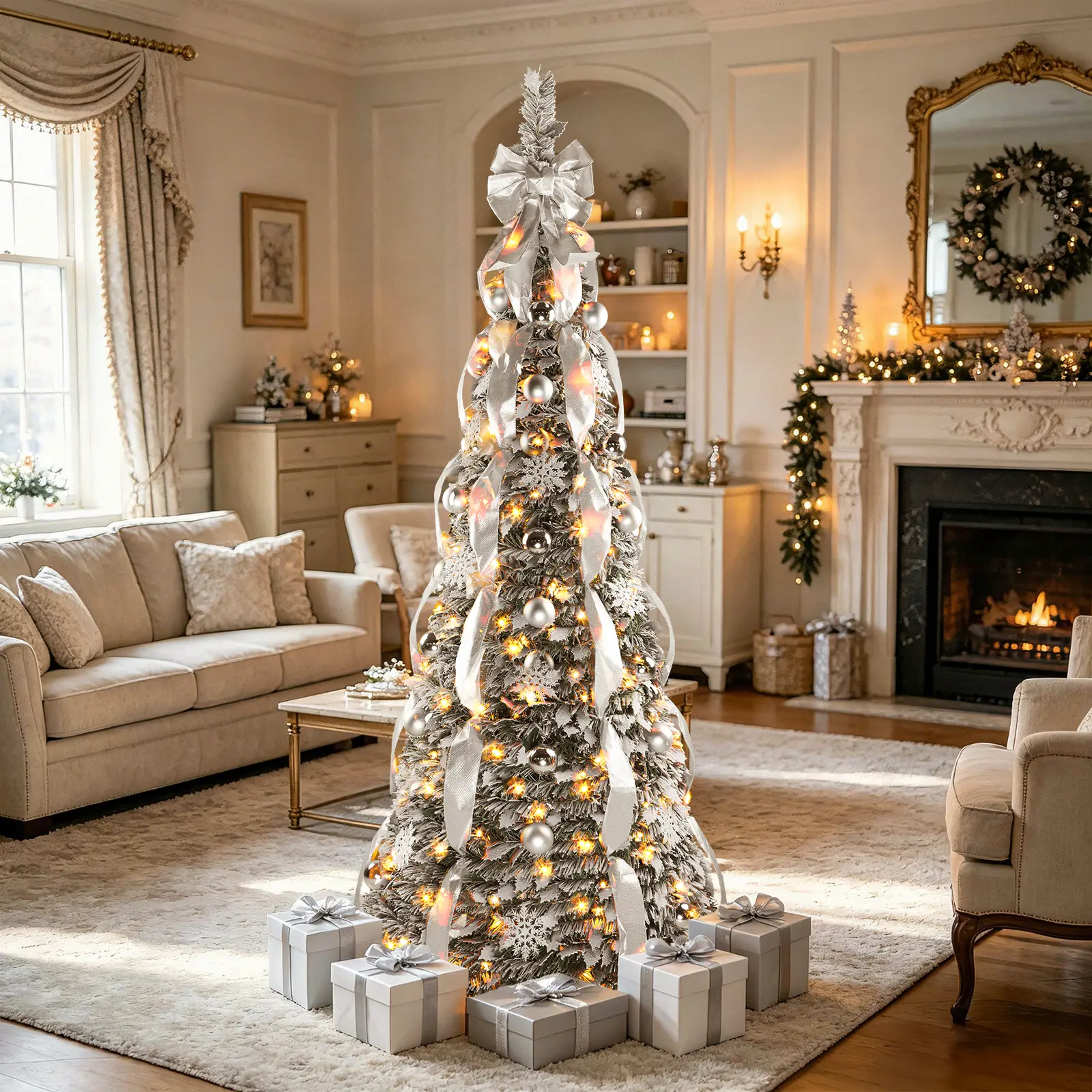 SHareconn 6/7ft Pop-Up Prelit Artificial Christmas Tree - Collapsible, Pre-Decorated with Red&Gold Ornaments, Warm White&Multi-Color Lights, Remote Control, Synthetic Irregular Shape for Home Festive Decor