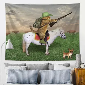 Cowboy Cat Pattern Tapestry, 1 Count Funny Animal Printing Tapestry, Wall Hanging Decor Vintage Room Decor for Home Living Room Bedroom Dormitory