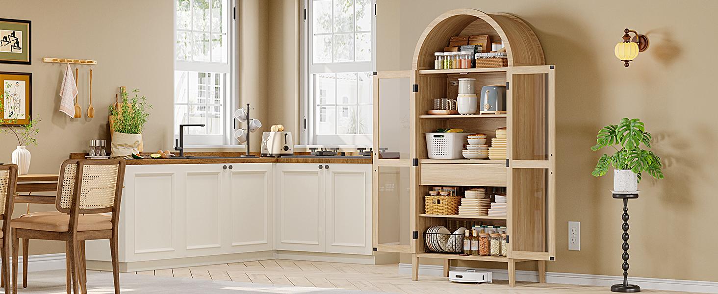 【SPOTLIGHT DAY】ONBRILL 71" High Arched Kitchen Sideboard, 5-Tier Arched Cabinetry Wooden Sideboard with Glass Doors and Drawers, Modern Display Sideboard with Adjustable Legs