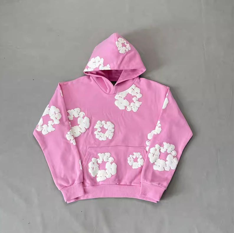 DENIM TEARS Brand Hot Selling New Fashionable Cotton Foamprinted Hoodie European and American Trendy Men's Sportssuit Pink Floral Design with Hood and Drawstring