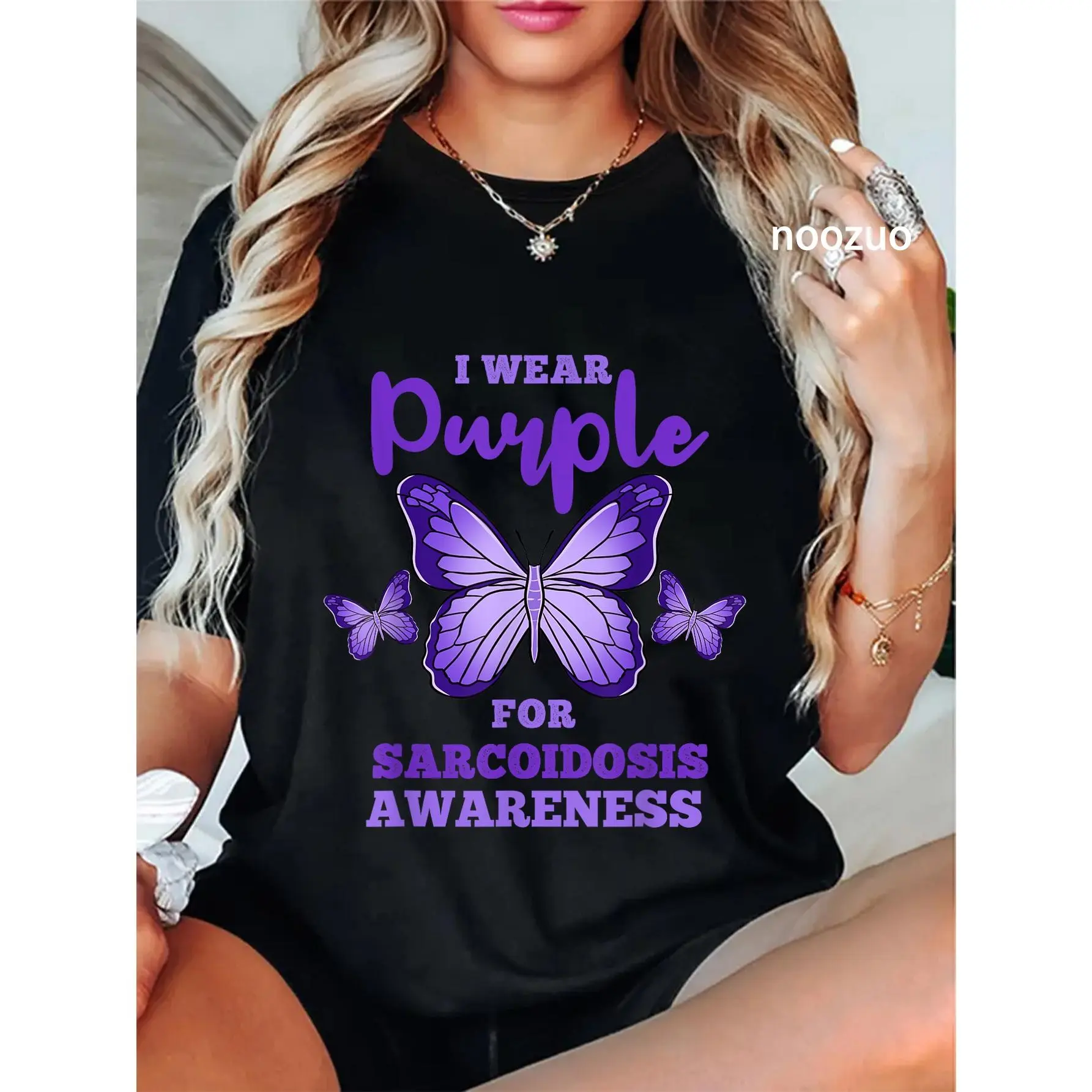 Lady's 100% Cotton Casual Everyday Round Neck Graphic T-Shirt - For Sarcoidosis Awareness Purple Apparel, Streetwear, Top, Women, Vintage, Playful, Cute, Large, Machine Washable, No