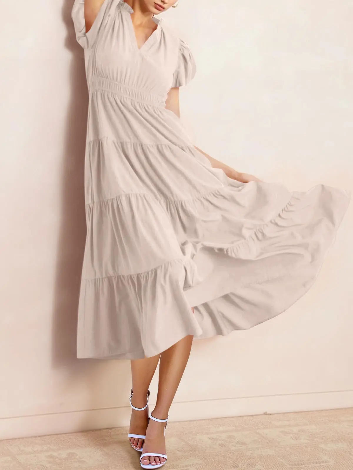 Wenrine Womens Summer Midi Dress Puff Short Sleeve V Neck Flowy Tiered  Beach A-Line Dresses - TikTok Shop