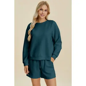 Double Take Full Size Texture Round Neck Long Sleeve Top and Shorts Set