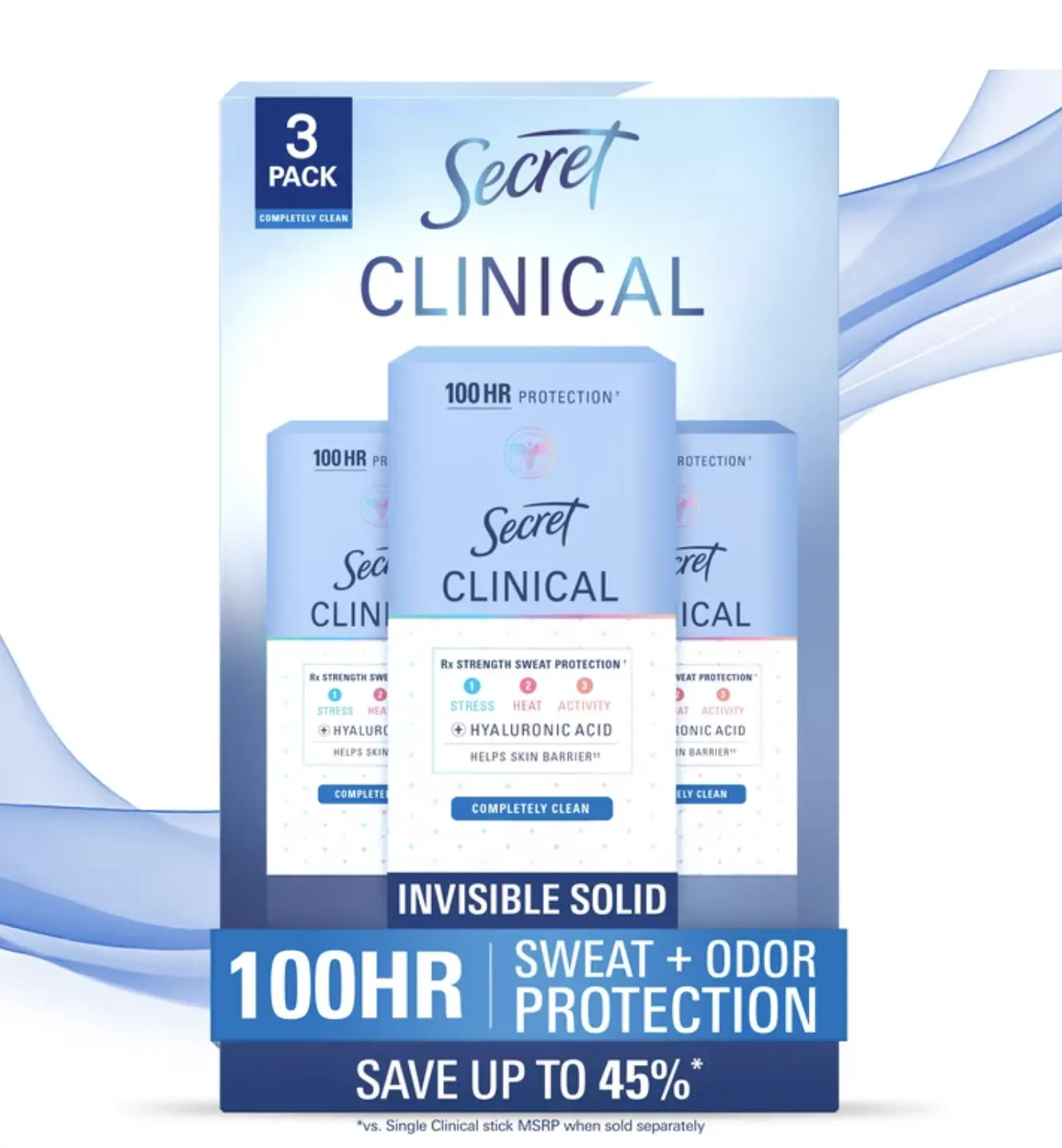 Secret Clinical Strength Invisible Solid Antiperspirant Deodorant, Completely Clean, 1.6 oz., 3 pk.