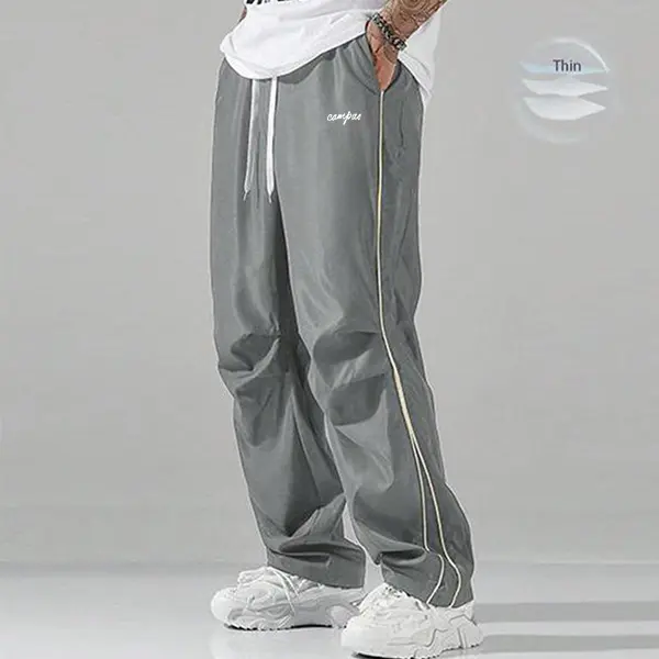 Men's 100% Polyester Loose Grey Sweatpants - Grey Side Strips, Gold Decorative Bars, Lightweight Soft Fabric, Large Cut, Casual Gym Wear, Boyfriend Birthday Gift, Birthday Gift for BF, Menswear Essential Fashion Bottoms, Clothing, Xl