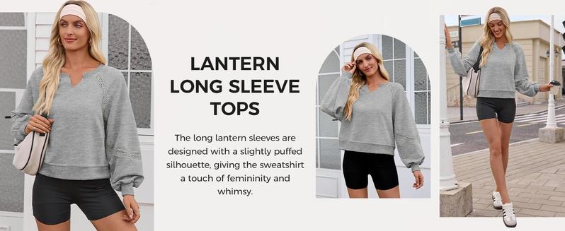 Imily Bela Womens Casual Sweatshirt Oversized Lantern Long Sleeve V Neck Lace Loose Fit Fall Pullover Tops