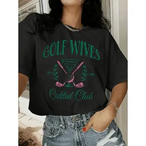 [Graphic Golf Tee] Black Breathable Women's Casual Golf T-Shirt | "GOLF WIVES" Lettering with Crossed Clubs & Martini Design, Teal Print, Machine Washable, Ladies Golf Apparel, Everyday Comfort Tee, Playful Print Tee, Comfortable