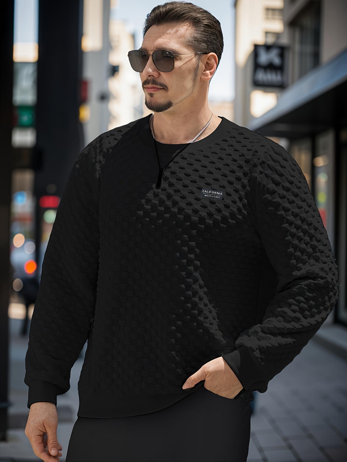 Men's fashionable checkered pattern long sleeved round neck sports shirt, made of 100% polyester knitted fabric, casual regular style, moderate elasticity, solid color cut with printed details, weighing 8.47 ounces per square meter. X
