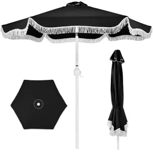 Best Choice 9ft Fringe Market Umbrella – Boho Patio Sunshade w/ Tilt, UPF50+, Steel Pole for Table, Pool, Deck