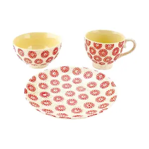 Pink Floral Ceramic Dinnerware Set - 3 Piece Japanese Style Plate, Bowl & Mug Set for Kitchen & Dining