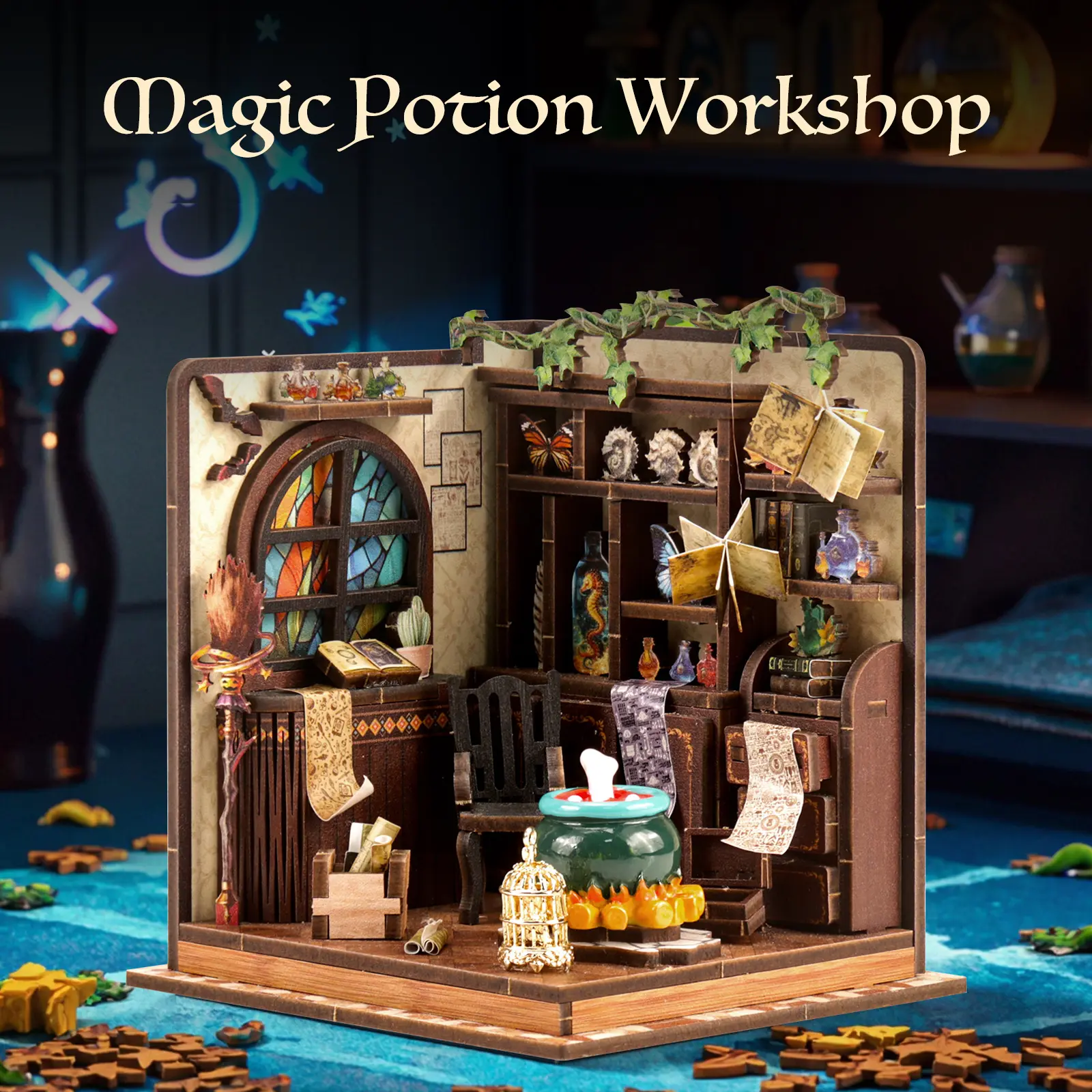 Book Nook Kit - Adult DIY Magic Apothecary Decor Display, Wooden Bookshelf Ornament with Cauldron & Magical Mini Decorations, Mystical Themed Interior Craft Gift for Adult Collectors