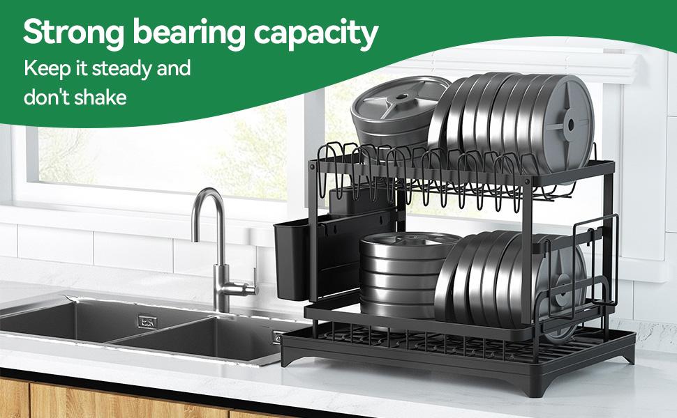 Dish Drying Rack, 2 Tier Large Dish Drying Rack for Kitchen Counter with Drainboard, Carbon Steel Dish Drainer with Anti-Rust Coating for Dish/Knifes/Cup/Cutting Board, Black Dish Drying Rack, 2 Tier Large Dish Drying Rack for Kitchen Counter with Drainboard, Carbon Steel Dish Drainer with Anti-Rust Coating for Dish/Knifes/Cup/Cutting Board, Black