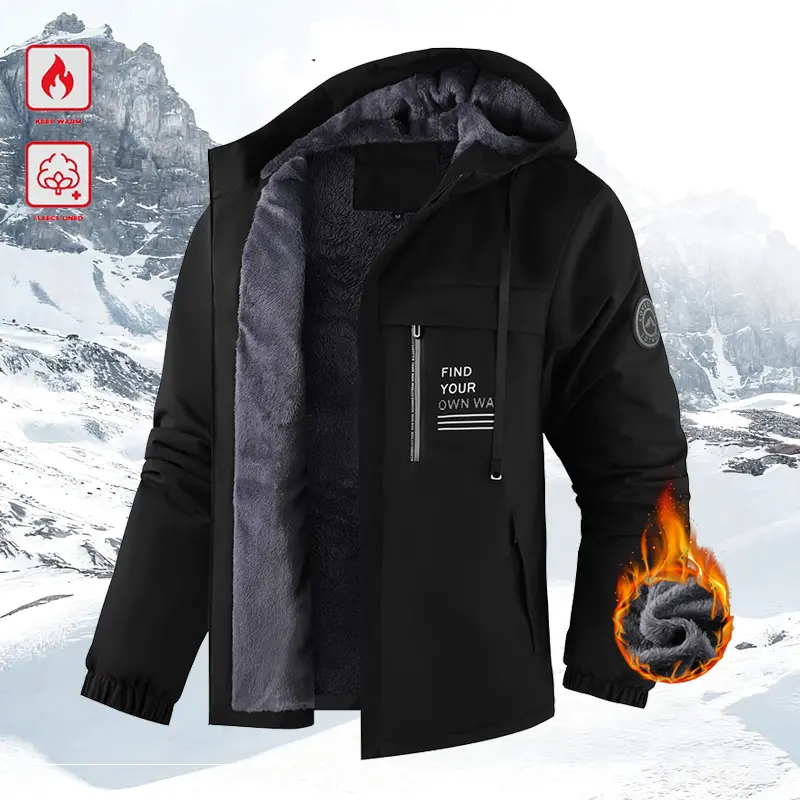 Men's Winter Windproof Waterproof Fleece Lined Hoodie Jacket - Thick warm coat featuring an adjustable drawstring hood, ribbed cuffs & zipper front closure; perfect for outdoor hiking, jogging, fishing, gym workouts or everyday casual wear; a must-have ve